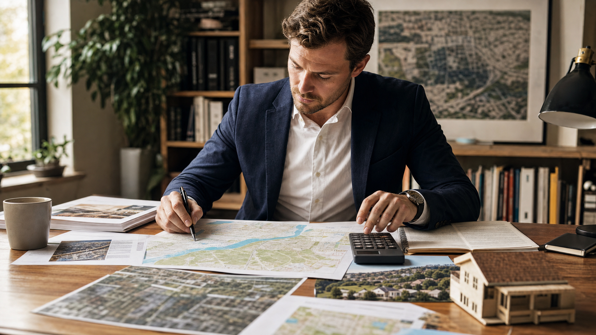 Real estate investor reviewing property portfolio — maps, documents, calculator