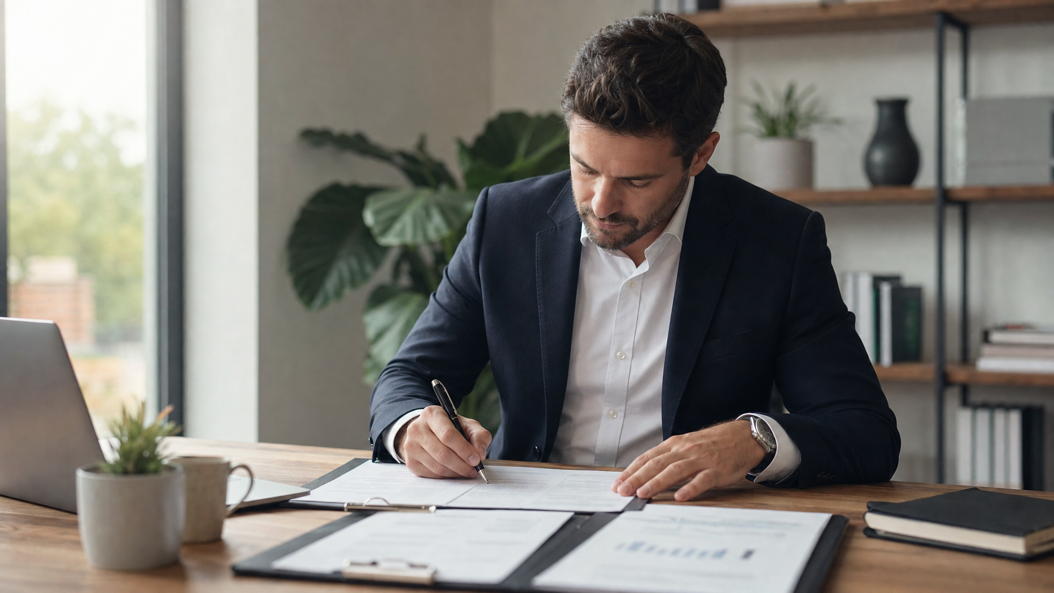 Investor signing contract assignment documents — clean desk, professional setting